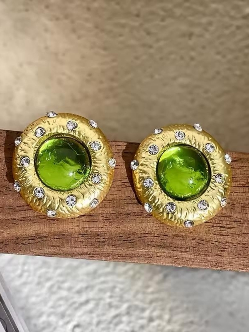 Gold-Tone Earrings with Green Glass Center and Crystal Accents - Picture 5 of 5